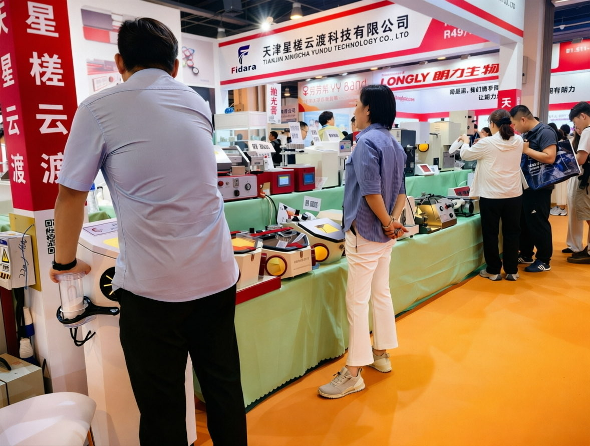 Visitors at the Fidara stand at a dental equipment trade show, with equipment on display